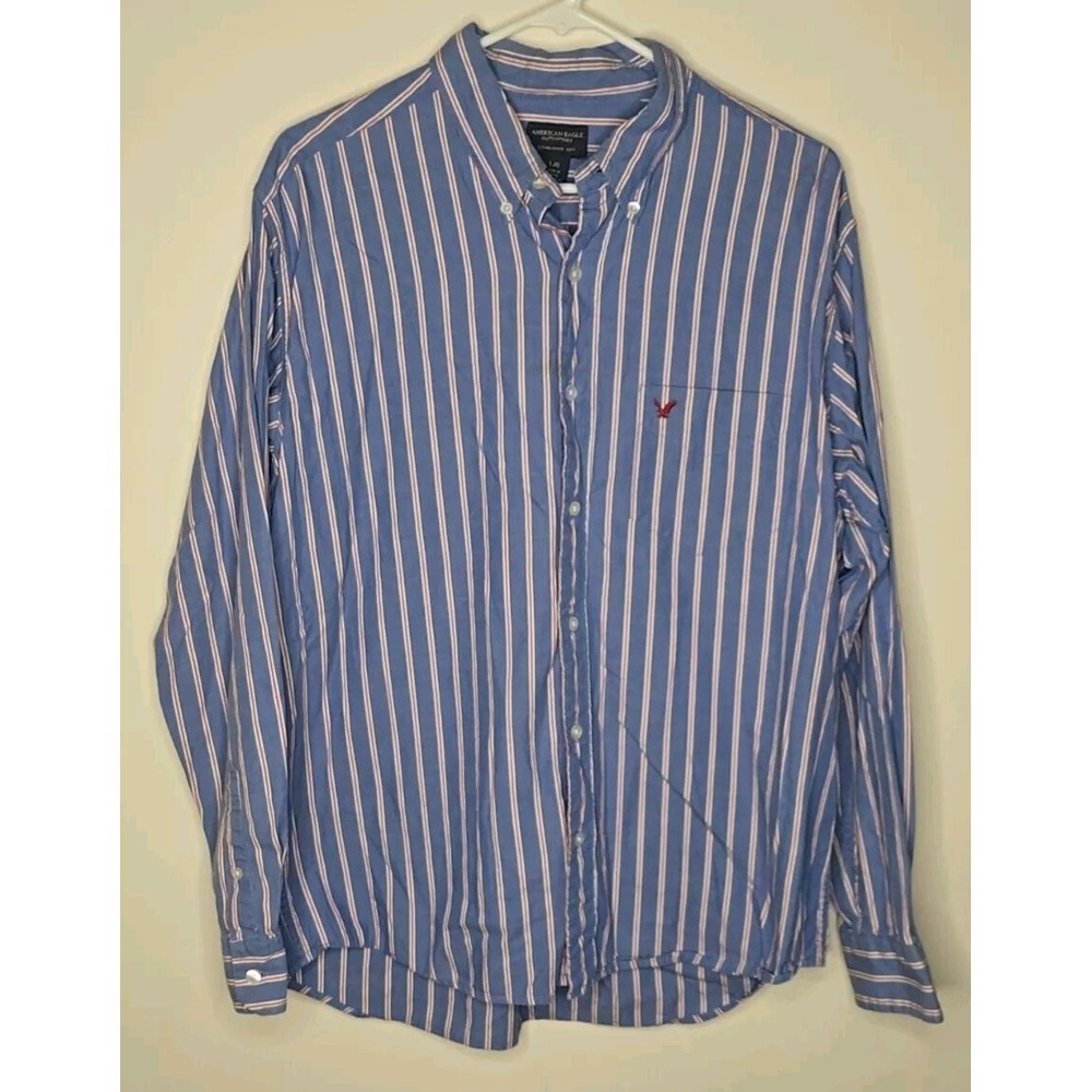 American Eagle Shirt Mens L Red White Blue Striped Chest Pocket Long‎ Sleeve